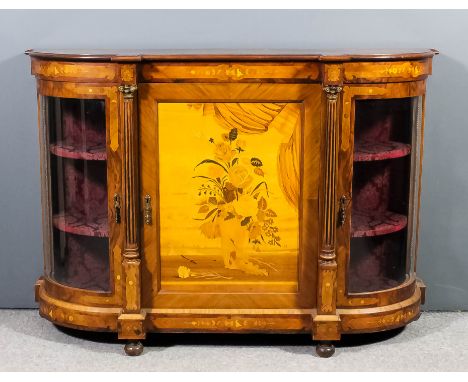 A modern Continental walnut and marquetry credenza in the Victorian manner, inlaid with floral sprays and vase of flowers, th