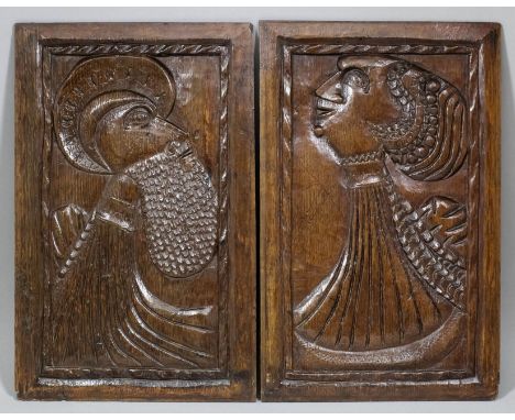 A pair of rare English oak portrait panels, the subjects with distinctive elongated necks, circa 1520-1540, each 15.75ins x 1