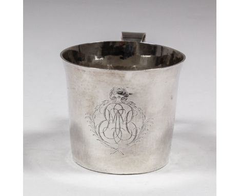 A Charles II child's plain silver mug, the slightly tapered body with slightly flared rim and plain scroll handle, 2.5ins hig