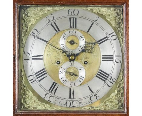 A late 18th Century "North Country" oak and mahogany banded longcase clock by Clare of Manchester, the 12ins square brass dia