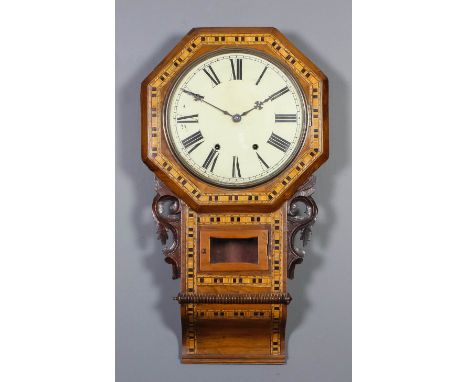 A late 19th Century American wall cased drop dial wall clock, the 12ins diameter painted metal dial with Roman numerals to th