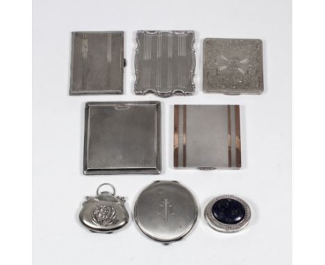 An Elizabeth II plain silver rectangular card case, 3.75ins x 2.5ins, Sheffield 2001, seven silver cigarette cases with engin