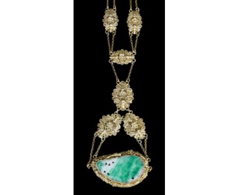 A Chinese gold coloured metal jade mounted filigree necklace, the green jade panel 25mm x 40mm overall, in fine filigree sett