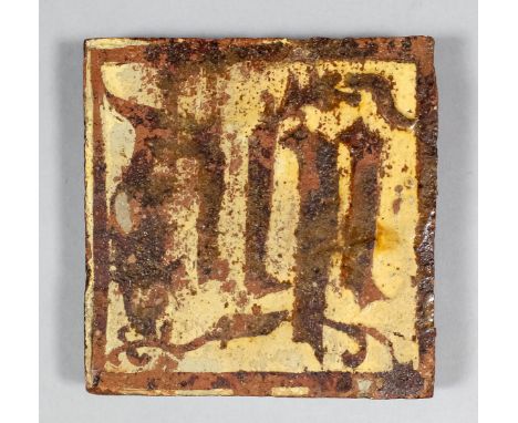 An English Medieval encaustic tile decorated with a white slip inlay of a design of Gothic letters, 4.5ins square (from a Lei