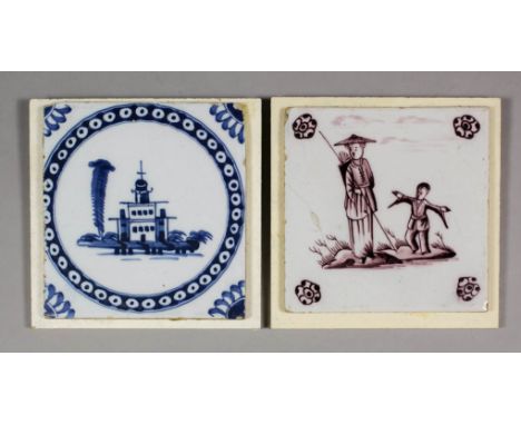 An 18th Century English blue and white Delft tile with building and tree within dotted circular border (Bristol 1750-1770) an