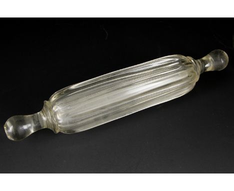 A ribbed glass rolling pin, 39cm max