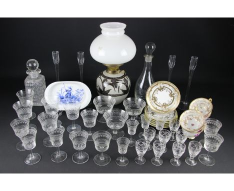 A part suite of acid etched glass ware; a part Noritake tea service; an art pottery oil lamp; and other items (qty)