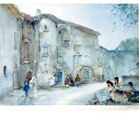 WILLIAM RUSSELL FLINT ARTIST SIGNED COLOUR PRINT  A Spanish courtyard with a nun and female figures  16 3/4" x 22 3/4" (42.5c