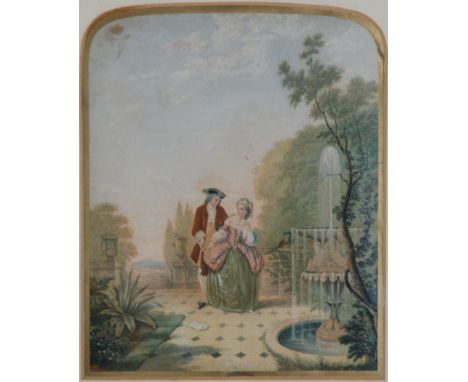 BAXTER NINETEENTH CENTURY COLOUR PRINT  'The Reconciliation' depicting a lady and gallant by a fountain after Watteau 8" x 6 