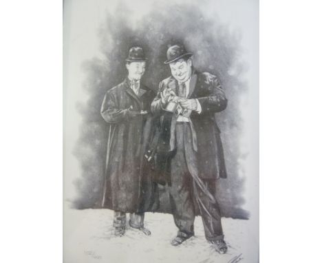 PETER FINNIGAN THREE ARTIST SIGNED PRINT OF PENCIL DRAWINGS  depicting 'Laurel and Hardy'  'Hole in One', 'Forty Winks', and 