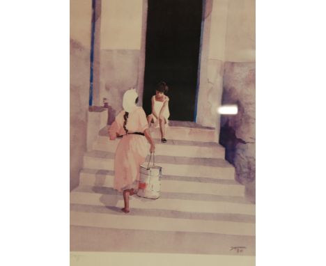 DUPIEROUX ARTIST SIGNED COLOUR PRINT Lady and Young Girl on Steps  and another, old lady and cat 17 1/2" x 14 1/4" (44.5 x 36