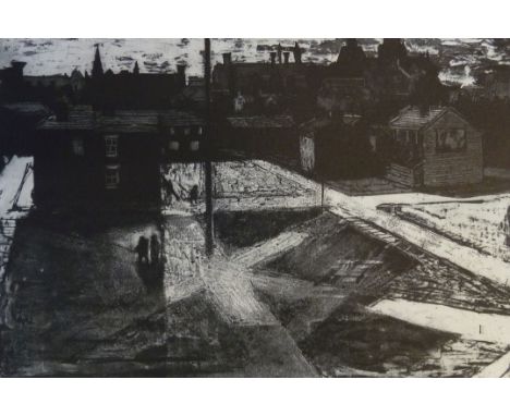 NORMAN C. JAQUES ARTIST SIGNED ORIGINAL BLACK AND WHITE LITHOGRAPH Back Street, Manchester signed in pencil 9 1/4" x 13 1/2" 