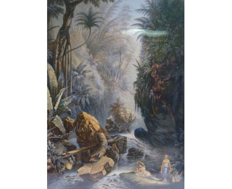GEORGE BAXTER PATENT COLOUR PRINT  'The Mountain Stream - Indians Reposing' mounted with original embossed titled exposed, pu