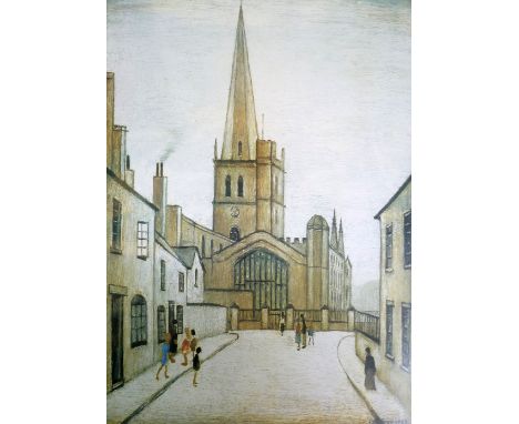 L.S LOWRY (1887-1976) LIMITED EDITION COLOUR PRINT "Burford Church" 309/1500, guild stamp 20 ½" x 15" (52cm x 38.1cm) Mounted