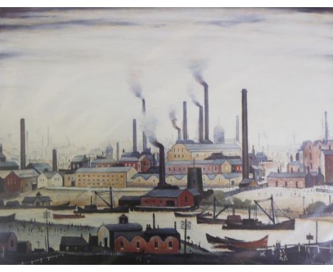 L.S LOWRY (1887-1976) LIMITED EDITION COLOUR PRINT "A River Bank" 409/850, guild stamp 15 ½" x 20" (39.3cm x 58cm) Mounted bu