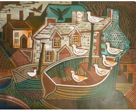 NORMAN C. JAQUES ORIGINAL COLOURED LITHOGRAPH  Fishing village with seagull's on beached boats in the background unsigned  16