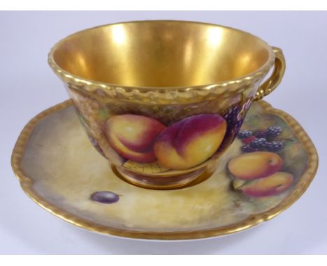 ROYAL WORCESTER CUP AND SAUCER, PAINTED FRUIT, CUP SIGNED A.KENDRY, SAUCER SIGNED S.WESTON, from a visual inspection there ar