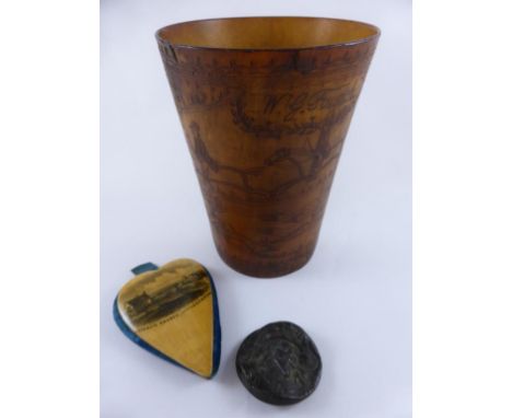 HORN BEAKER INSCRIBED FAUNCH AND HUNTING SCENE DECORATION, BUTTON WITH EMBOSSED DECORATION AND MAUCLINE WARE HEART SHAPED PIN