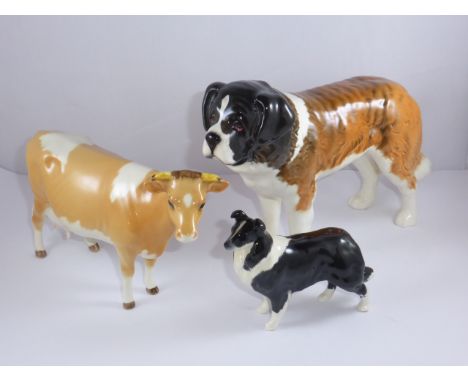 BESWICK, ST.BERNARD, SMALL COLLIE FIGURE AF AND A GUERNSEY COW