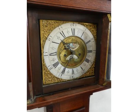 THO. LISTER OAK LONGCASE CLOCK OF SMALL PROPORTIONS, APPROX. 180 cm, GRECIAN URN INLAID DECORATION TO TRUNK DOOR, BRASS DIAL 