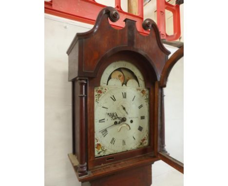 OAK LONGCASE CLOCK, PAINTED DIAL J.CARTER, TOTNES, 8 DAY MOVEMENT, DATE APERTURE, SUBSIDIARY SECONDS, MOON PHASE TO ARCH