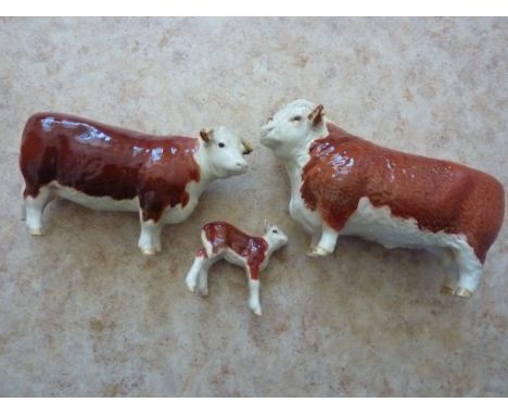 BESWICK HEREFORD CATTLE SET BULL, COW, CALF INC. CHAMPION OF CHAMPIONS, all lots are sold as seen at the fall of the hammer, 