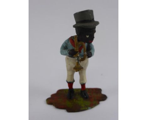 MINIATURE COLD PAINTED FIGURE DEPICTING BUGLE PLAYING MINSTREL WITH ARTICULATED HEAD, APPROX. 5.5 cm