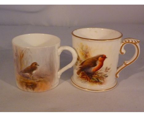 ROYAL WORCESTER COFFEE CAN , DEC GOLDEN PLOVER SIG STINTON, PLUS CUP DEC ROBIN