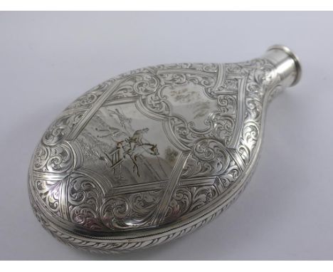 SILVER HIP FLASK, PROFUSELY ENGRAVED WITH HUNTING SCENE AND FLORAL AND SCROLLED DECORATION, APPROX. 13.5 cm OVERALL INC. SCRE