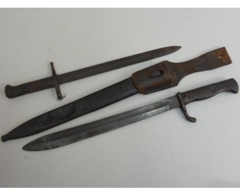 GERMAN WWII BAYONET WITH WOODEN HANDLE AND STEEL SCABBARD, BLADE APPROX. 34.5 cm AND ONE OTHER, BLADE APPROX. 30 cm