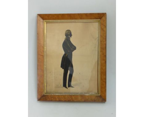 19TH CENTURY SILHOUETTE FULL LENGTH PORTRAIT OF A GENTLEMAN IN REGENCY COSTUME, WALNUT FRAMED, DATED 1840, APPROX. 30 X 22cm 