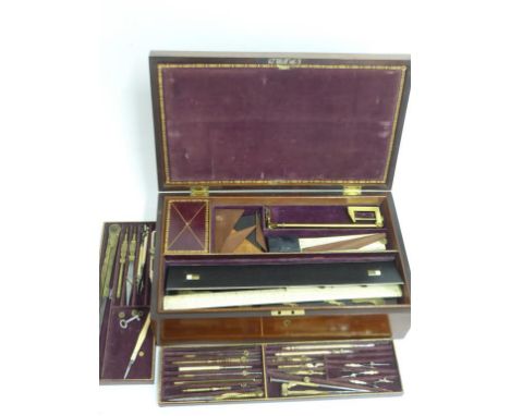A MAGNIFICENT 19TH CENTURY DRAUGHTSMAN'S ROSEWOOD BOX WITH FITTED 5 LAYER INTERIOR CONTAINING DRAWING INSTRUMENTS (TOP),  RUL