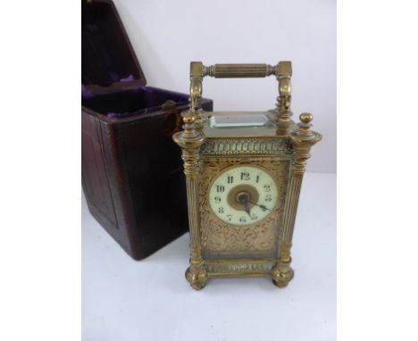 4 GLASS CARRIAGE CLOCK, RECTANGULAR FACE WITH PIERCED DECORATION AND ENAMELLED DIAL