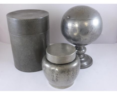 19TH CENTURY CHINESE PEWTER GLOBE FORM TEA CADDY MARKED HUIKEE SWATOW APPROX. 14cm , CYLINDRICAL PEWTER TEA CADDY/ TOBACCO JA