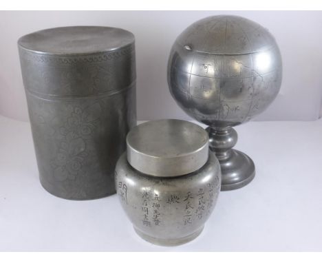 19TH CENTURY CHINESE PEWTER GLOBE FORM TEA CADDY MARKED HUIKEE SWATOW APPROX. 14cm , CYLINDRICAL PEWTER TEA CADDY/ TOBACCO JA