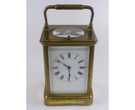 FRENCH HENRI JACOT REPEATER CARRIAGE CLOCK, 4 GLASS GILT METAL CASE, STAMPED 16909, APPROX. 13cm H.