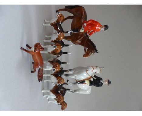 BESWICK, FOX HUNTING GROUP COMPRISING HUNTSMAN (2 LEGS REPAIRED), HUNTSWOMAN, BLACK JACKET ON GREY HORSE, 7 HOUNDS (1 AF) AND