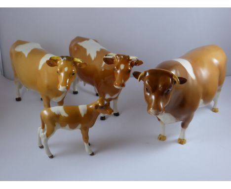 BESWICK GUERNSEY BULL, 2 COWS AND A CALF, all lots are sold as seen at the fall of the hammer, from a visual ispection these 