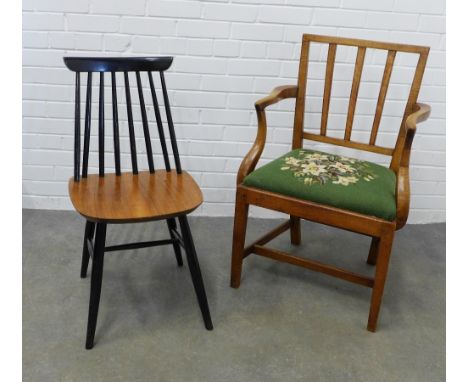 19th century walnut open armchair together with a vintage Ercol style chair. 89 x 57 x 40cm. (2) 