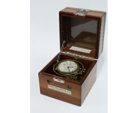 Hamilton Watch Company chronometer watch, model 22, in mahogany case, numbered 276-1943, case 15 x 15cm 
