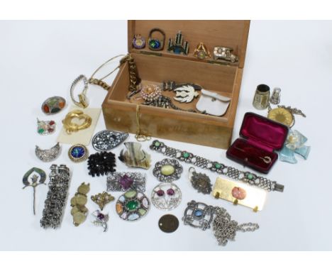 Wooden box collection a selection of vintage and later  costume jewellery together with a silver fob medal and a 9ct gold see