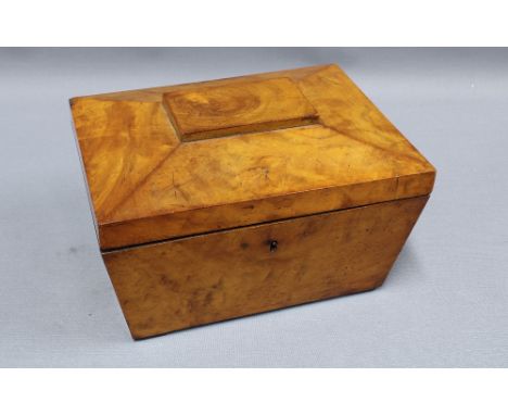 19th century sarcophagus walnut tea caddy, hinged lid with two divisions to the interior, 26 x 17cm 