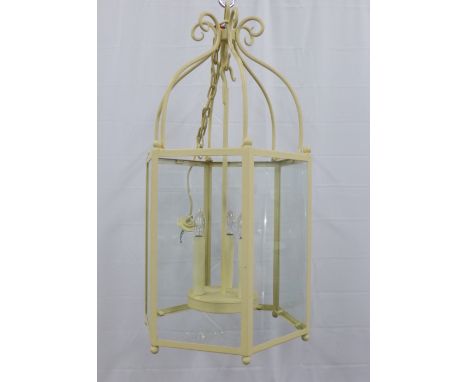 French style cream lantern, hexagonal with glass panels, 90 x 45cm