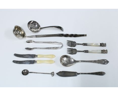 Small toddy ladle with white metal bowl and baleen handle to, 21cm long and a collection of Epns spoons, butter knives and pi