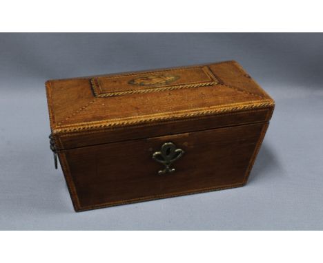19th century mahogany sarcophagus tea caddy, the hinged lid with an inlaid shell paterae, brass lion mask handles, 28 x 16cm 