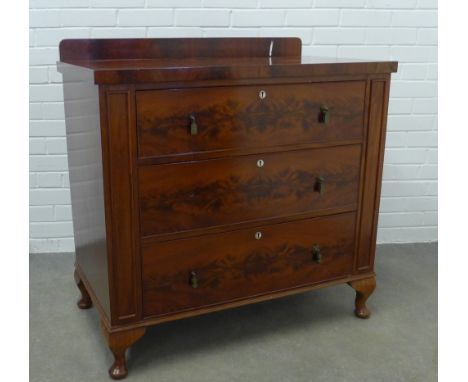 Mahogany chest, three long drawers with mother of pearl escutcheons, raised on short cabriole legs. 95 x 95 x 54cm. 