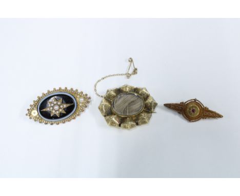 15ct gold garnet brooch together with a late 19th / early 20th century yellow metal brooch with hardstone plaque and seed pea
