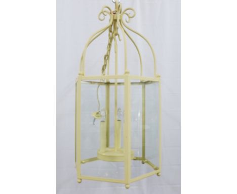 French style cream lantern, hexagonal with glass panels, 90 x 45cm