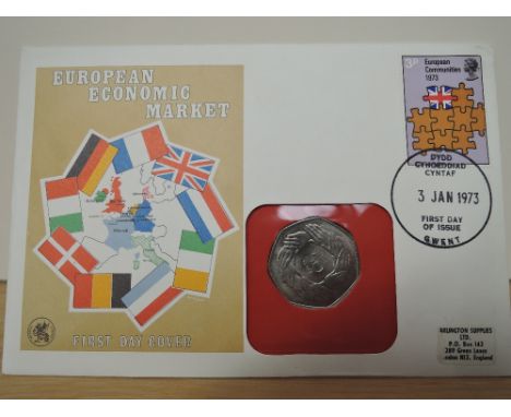 GB 1973 EUROPEAN ECONOMIC MARKET 50p NUMISMATIC FIRST DAY COVER   EEC Numismatic cover from 1973, with circular handstamp for