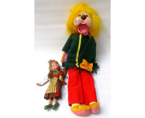 PELHAM VENTRILOQUIAL PUPPET
modelled as a lion with a green jacket and red trousers, with a jointed jaw, 67cm high, with orig